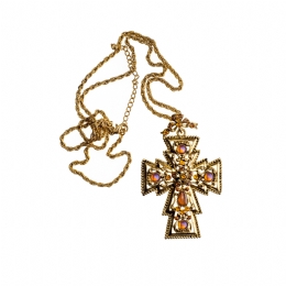 Large gold carved cross necklace with honey beads and long chain