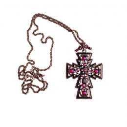 Large bronze carved cross necklace with red beads and long chain