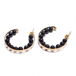 One row black pearls gold hoop earrings