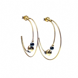 Double gold hoop earrings with black and gold beads