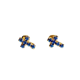 Gold cross earrings with royal blue strass