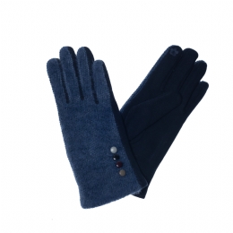 Elastic blue tweed gloves with multicolour buttons and cotton combination
