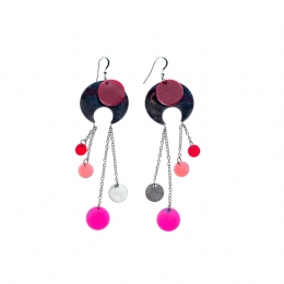 Silver long earrings with chains and fuchsia and silver charms 
