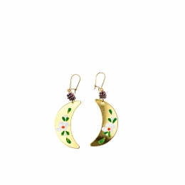 Gold hanging moon earrings with painted white flowers