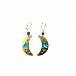 Gold hanging moon earrings with painted light blue flowers