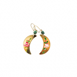 Gold hanging moon earrings with painted pink flowers