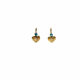 Gold vintage earrings with carved hearts and light blue strass