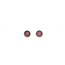 Gold circular earrings with purple and red enamel