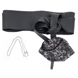 Gift box with womens grey belt one size, mask KN95 lace print and silver chain for glasses and mask