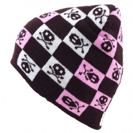 Brown, pink and white unisex beanie with skulls