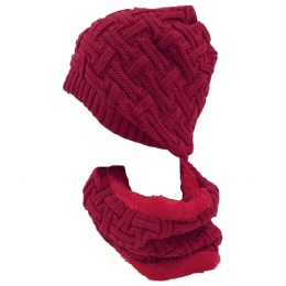 Wine burgundy fluffy knitted beanie and neck snood with soft plush lining