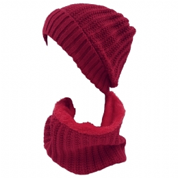 Wine burgundy fluffy beanie and neck snood with striped knit and plush lining