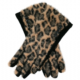 Black elastic women gloves with camel fluffy animal print and fleece lining