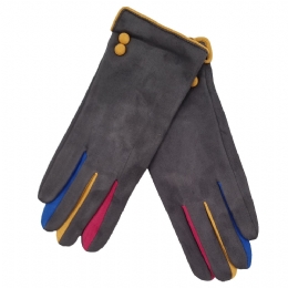 Grey velvet gloves with colored details and velvet feeling lining