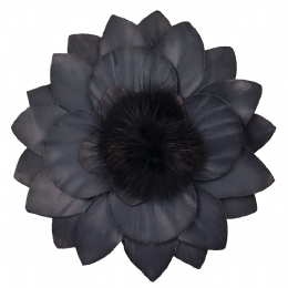 Charcoal large synthetic leather flower brooch with synthetic fur pon-pon