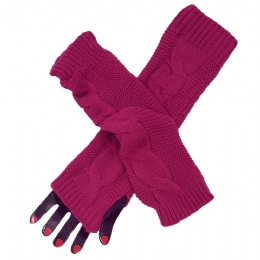 Long fuchsia knitted arm warmer with braid