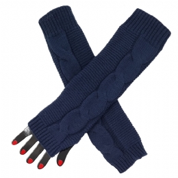 Long navy blue knitted arm warmer with braid