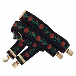 Unisex black suspenders with roses and gold clips