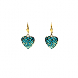 Golden vintage earrings with carved hearts and petrol details