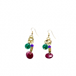 Golden long earrings with green, purple and burgundy round beads