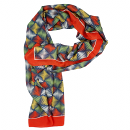 Wide blue mixed silk scarf with zig zag rhombus pattern and red border