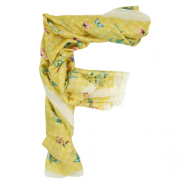 Yellow silk scarf - stole with flowers, butterflies and off white border