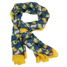 Wide blue mixed silk scarf with zig zag rhombus pattern and yellow border
