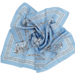 Light blue Italian square scarf with grey flowers and belts