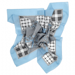 Light blue Italian square scarf with grey checkered pattern