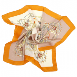 Beige and off white satin silk touch square scarf with orange border and chains