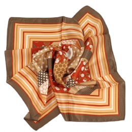 Rust silk square scarf with dot print and stripes 