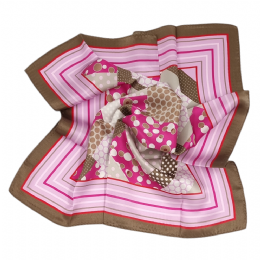 Lilac and fuschsia silk square scarf with dot print and stripes 