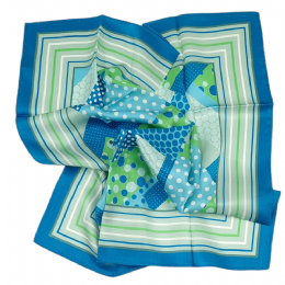 Turquoise and lime silk square scarf with dot print and stripes 