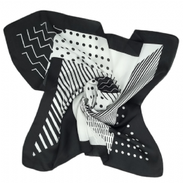 Black and white striped satin silk touch square scarf with dots and zig zag print