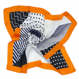 Blue, white and black satin silk touch square scarf with linear design and orange border