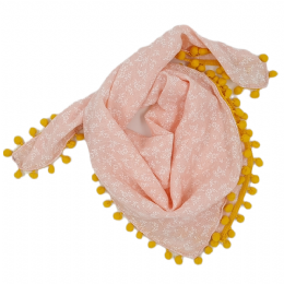 Baby pink mixed cotton square scarf with white little flowers and yellow pom pom