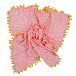 Fuschia mixed cotton square scarf with white little flowers and yellow pom pom