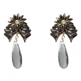 Long vintage clip earrings with antique golden carved leaves, white pearl and hanging transparent bead
