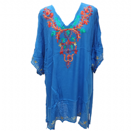 Plain colour blue Indian viscose kaftan with colourful floral embroidery