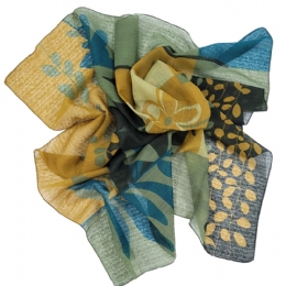 Olive and mustard Italian square scarf withfloral prints