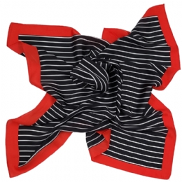Black and white striped square scarf with red boarder from mixed silk fabric