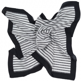 Black and white striped square scarf with black boarder from mixed silk fabric