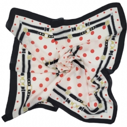 White square scarf with red dots and black chains from mixed silk fabric