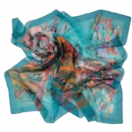 Petrol Italian chiffon square scarf with camel, rust, pink and green shades