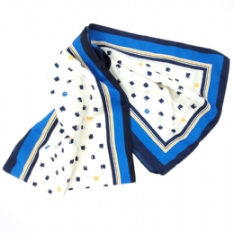 Cream unisex Italian scarf with royal blue boarders and blue square spots