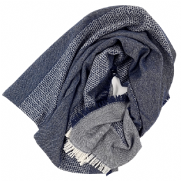 Blue jean and cream unisex Italian wide blanket scarf from fine quality mixed wool