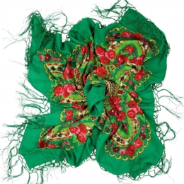 Green traditional square scarf with red roses and fringes