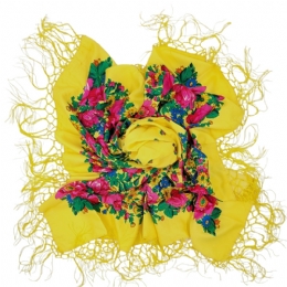 Yellow traditional square scarf with red roses and fringes