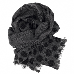 Grey black unisex Italian double face Dot and Pied de Poule wide scarf from mixed fine quality wool fabric 