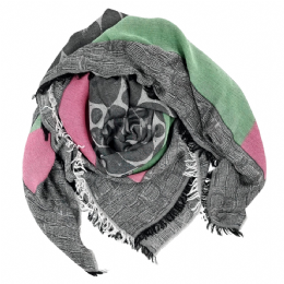 Large charcoal Italian square scarf with dirty pink and green stripes from very soft modal and viscose fabric
